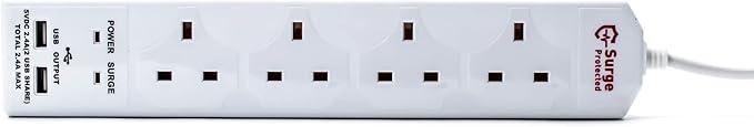 STATUS 4 Socket Extension Lead with 2 USB Charging Ports, 2m Cable 13A White Power Strip for Home, Office or Gaming and Surge Protected