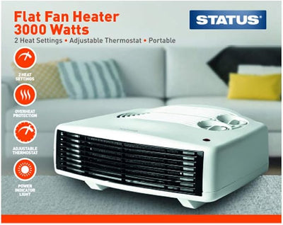 STATUS Flat Fan Heater 3000 W (3 kW), White Portable Electric Radiator with 2 Heat Settings, Adjustable Thermostat, Overheat Protection & Carry Handle