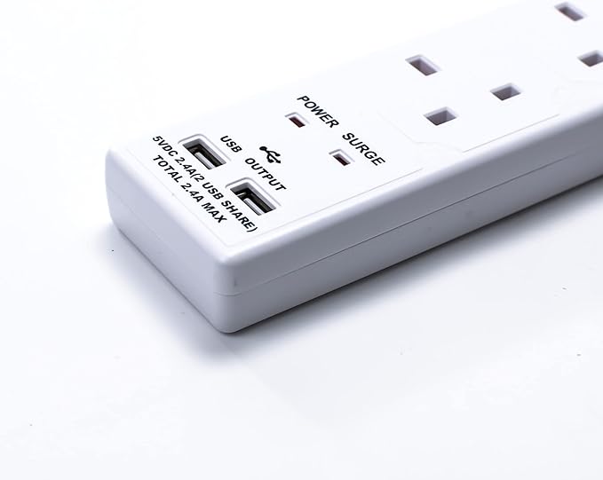 STATUS 4 Socket Extension Lead with 2 USB Charging Ports, 2m Cable 13A White Power Strip for Home, Office or Gaming and Surge Protected