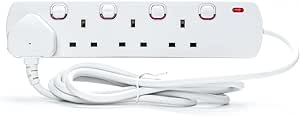 STATUS Multi Plug Extension, 4 Socket Extension Cable, 2m Extension Lead, Individually Switched with Neon Indicator, White