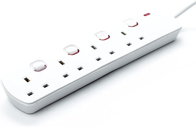 STATUS Multi Plug Extension, 4 Socket Extension Cable, 2m Extension Lead, Individually Switched with Neon Indicator, White