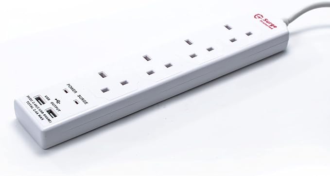 STATUS 4 Socket Extension Lead with 2 USB Charging Ports, 2m Cable 13A White Power Strip for Home, Office or Gaming and Surge Protected