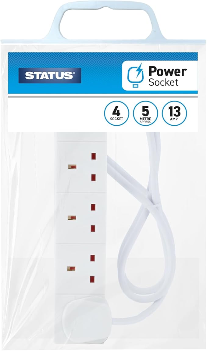 STATUS 4 Way Socket Extension Lead, 5m Cable Multi-Plug Power Strip for Home or Office, 13A 3120W Rated, Wall Mountable in White