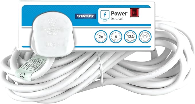 STATUS 2 Socket Extension Lead with Neon Indicator, 6m Extension Cable 13A, Power Extension, White