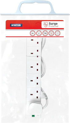 STATUS Surge-Protected 6 Socket Extension Lead, 2 m Cable with Neon Power Indicator, 13 A 3120 W Rated Multi-Plug Strip, White