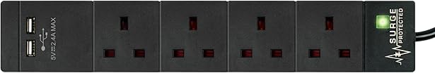 STATUS 4-Socket Extension Lead with 2 USB Ports, 2m Extension Lead, 13A Surge Protected with Neon Power Indicator, for Home, Office or Gaming Rigs