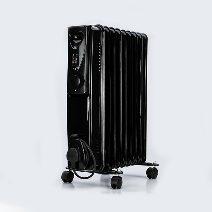 STATUS 9-Fin Oil-Filled Radiator 2000W, 3 Heat Settings with Adjustable Thermostat, Overheat and Tip-Over Protection, Easy-Roll Castors, White, Electric Heater