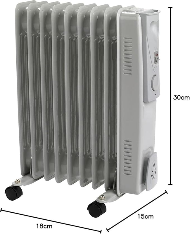 STATUS 9-Fin Oil-Filled Radiator 2000W, 3 Heat Settings with Adjustable Thermostat, Overheat and Tip-Over Protection, Easy-Roll Castors, White, Electric Heater