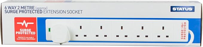 STATUS 6-Socket Extension Lead, 2m Extension Lead, 13A Surge Protected, for Home, Office or Gaming Rigs
