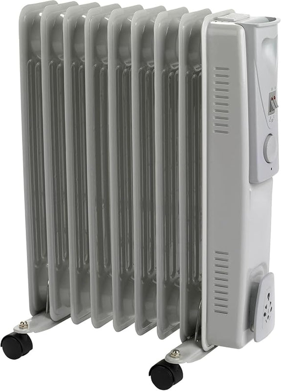 STATUS 9-Fin Oil-Filled Radiator 2000W, 3 Heat Settings with Adjustable Thermostat, Overheat and Tip-Over Protection, Easy-Roll Castors, White, Electric Heater
