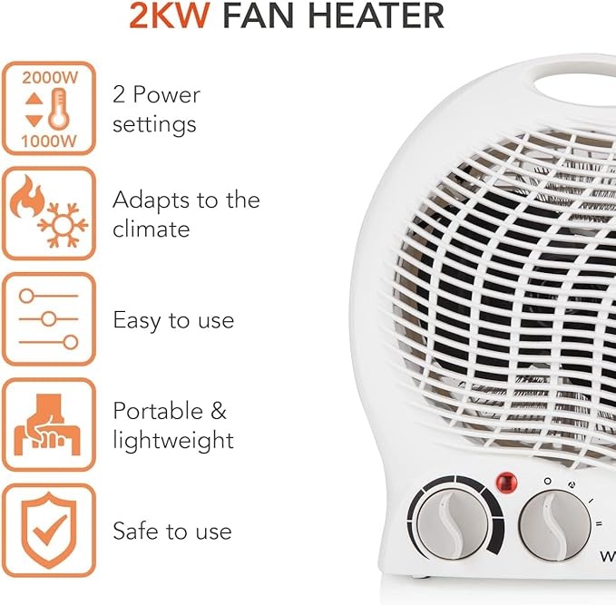 Warmlite WL44002 Thermo Fan Heater with 2 Heat Settings and Overheat Protection, 2000W, White