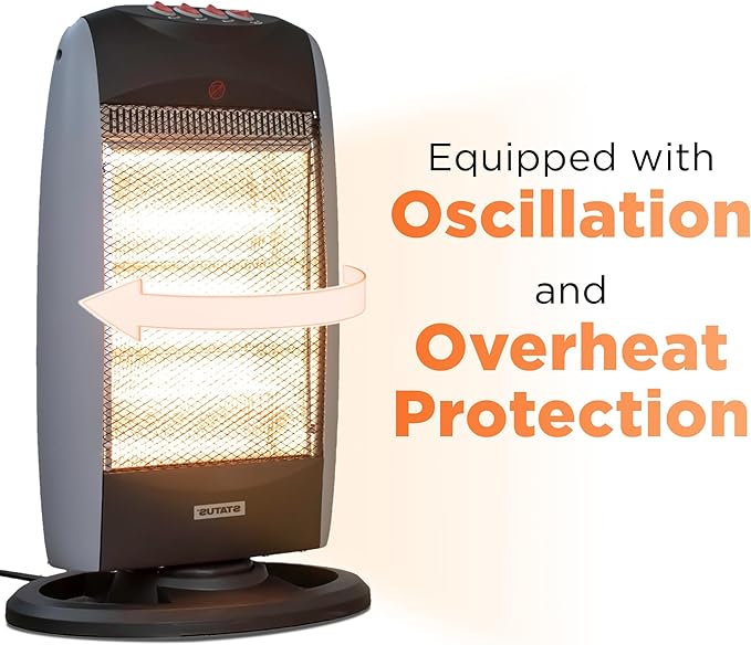 STATUS 1200W Halogen Heater – 3 Heat Settings, Oscillation, Instant Infrared Heat & Safety Protection