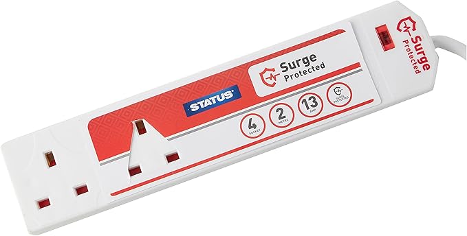 STATUS Surge-Protected 4 Socket Extension Lead, 2m Cable with Neon Power Indicator, 13A Multi-Plug Strip for Home, Office or Gaming