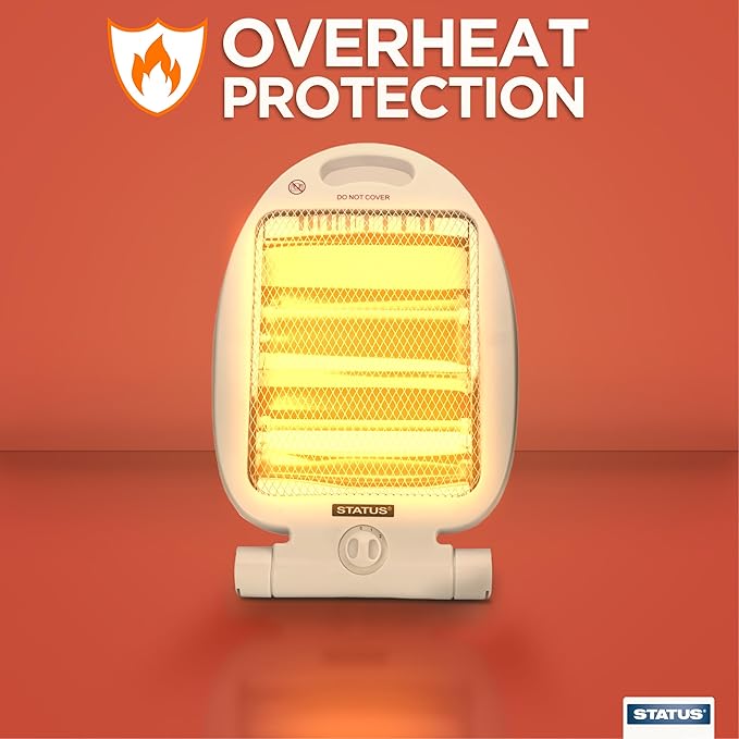 STATUS Quartz Heater 800 W Infrared Portable Heater with 2 Heat Settings, Safety Tip‑Over Protection, Built‑In Handle and Fold‑Away Stand