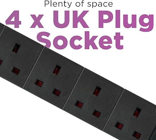 STATUS 4-Socket Extension Lead with 2 USB Ports, 2m Extension Lead, 13A Surge Protected with Neon Power Indicator, for Home, Office or Gaming Rigs