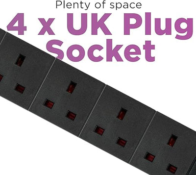 STATUS 4-Socket Extension Lead with 2 USB Ports, 2m Extension Lead, 13A Surge Protected with Neon Power Indicator, for Home, Office or Gaming Rigs