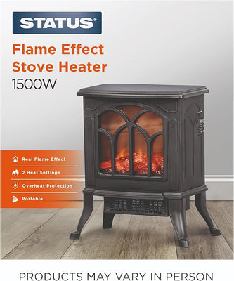 STATUS Freestanding Electric Fireplace Heater – 1500W, Flame Effect & Log Glow