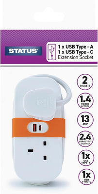 STATUS Travel Extension Socket with 2 UK Plug Sockets, 2 USB Ports (Type A & Type C) | 1.4 Metre Extension Lead | Ideal for Travel