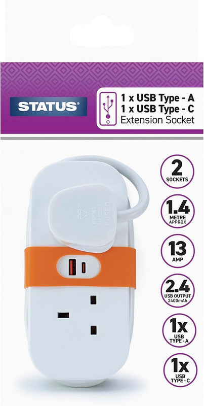 STATUS Travel Extension Socket with 2 UK Plug Sockets, 2 USB Ports (Type A & Type C) | 1.4 Metre Extension Lead | Ideal for Travel