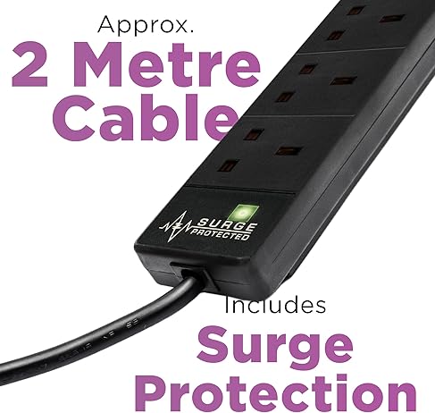 STATUS 4-Socket Extension Lead with 2 USB Ports, 2m Extension Lead, 13A Surge Protected with Neon Power Indicator, for Home, Office or Gaming Rigs
