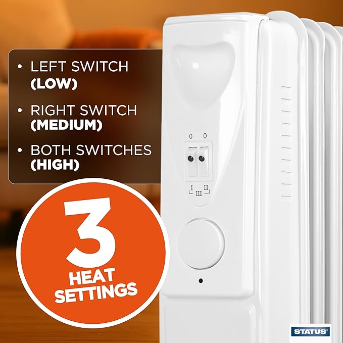 STATUS 9-Fin Oil-Filled Radiator 2000W, 3 Heat Settings with Adjustable Thermostat, Overheat and Tip-Over Protection, Easy-Roll Castors, White, Electric Heater