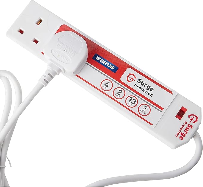 STATUS Surge-Protected 4 Socket Extension Lead, 2m Cable with Neon Power Indicator, 13A Multi-Plug Strip for Home, Office or Gaming
