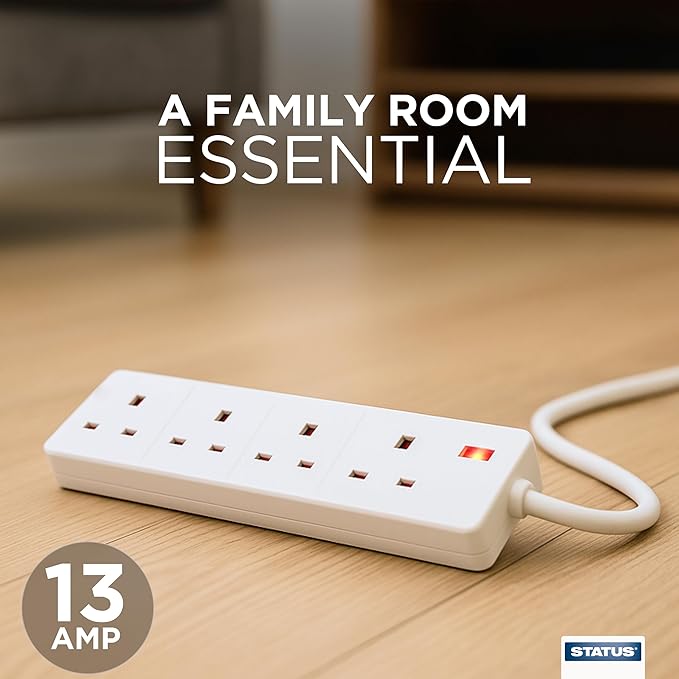 STATUS 4 Way Socket Extension Lead, 4m Cable with Neon Power Indicator, 13A Multi-Plug Strip for Home or Office, Wall Mountable, White