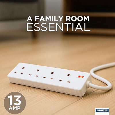 STATUS 4 Way Socket Extension Lead, 4m Cable with Neon Power Indicator, 13A Multi-Plug Strip for Home or Office, Wall Mountable, White