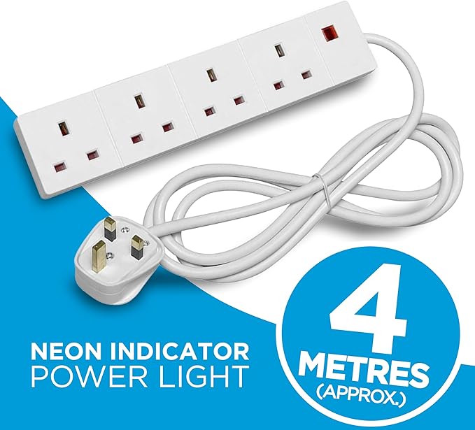 STATUS 4 Way Socket Extension Lead, 4m Cable with Neon Power Indicator, 13A Multi-Plug Strip for Home or Office, Wall Mountable, White