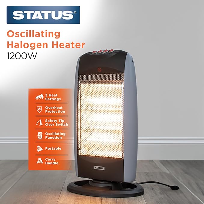 STATUS 1200W Halogen Heater – 3 Heat Settings, Oscillation, Instant Infrared Heat & Safety Protection