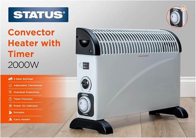 STATUS Convector Heater - 2000w - White - 3 Heat Settings - with Adjustable Thermostat - with Timer