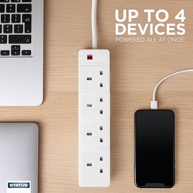 STATUS 4 Way Socket Extension Lead, 4m Cable with Neon Power Indicator, 13A Multi-Plug Strip for Home or Office, Wall Mountable, White