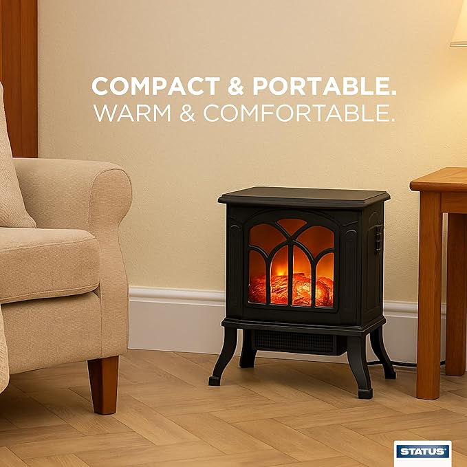 STATUS Freestanding Electric Fireplace Heater – 1500W, Flame Effect & Log Glow