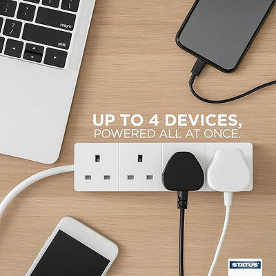 STATUS 4 Way Socket Extension Lead, 1m Cable Multi-Plug Power Strip for Home & Office Use, Wall Mountable in White