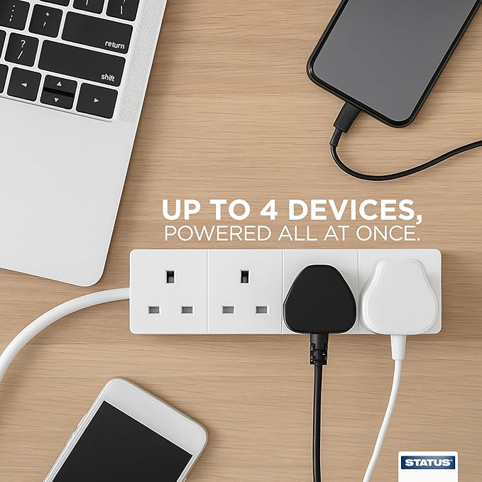 STATUS 4 Way Socket Extension Lead, 1m Cable Multi-Plug Power Strip for Home & Office Use, Wall Mountable in White