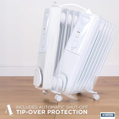 STATUS 9-Fin Oil-Filled Radiator 2000W, 3 Heat Settings with Adjustable Thermostat, Overheat and Tip-Over Protection, Easy-Roll Castors, White, Electric Heater