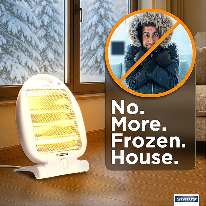 STATUS Quartz Heater 800 W Infrared Portable Heater with 2 Heat Settings, Safety Tip‑Over Protection, Built‑In Handle and Fold‑Away Stand