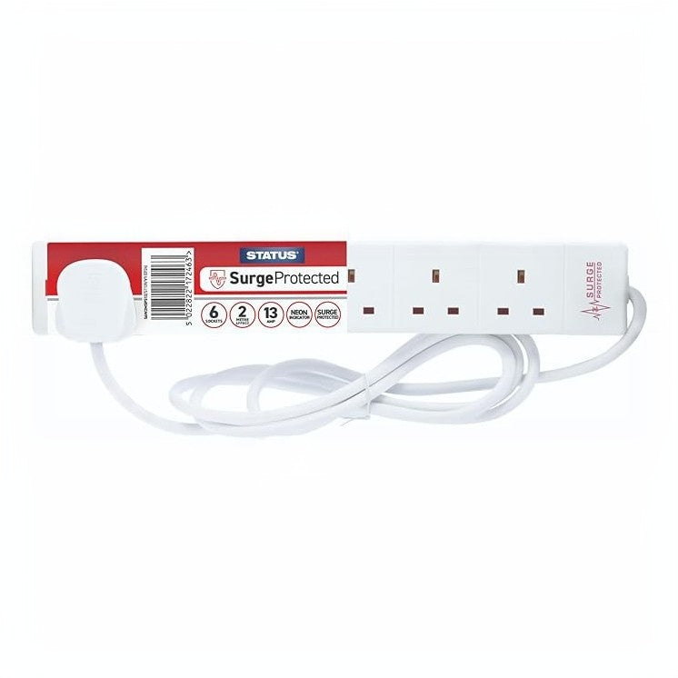 STATUS 6 Socket Surge-Protected Extension Lead, 2m Cable with Neon Power Indicator, 13A 3120W Rated Multi-Plug Strip